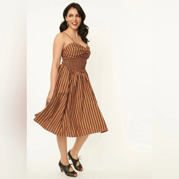🦋B2G1🦋UNIQUE VINTAGE 50’s Orange & Black Plaid Shimmy & Shake Swing Dres… - Picture 1 of 12